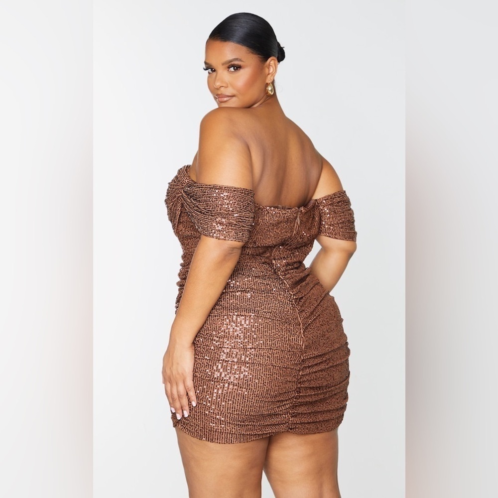NWT PRETTY LITTLE THING PLUS CHOCOLATE SEQUIN BARDOT BODYCON DRESS - Picture 8 of 9